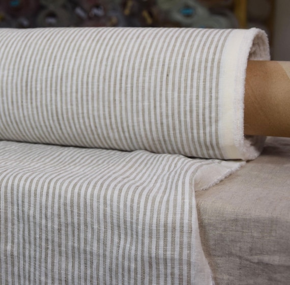 Linen Fabric - "Aura Beige Striped", 100% Pure, Lightweight 125gsm, Preshrunk, Delicate 3mm Stripes. European. Perfect for Summer! IN STOCK.
