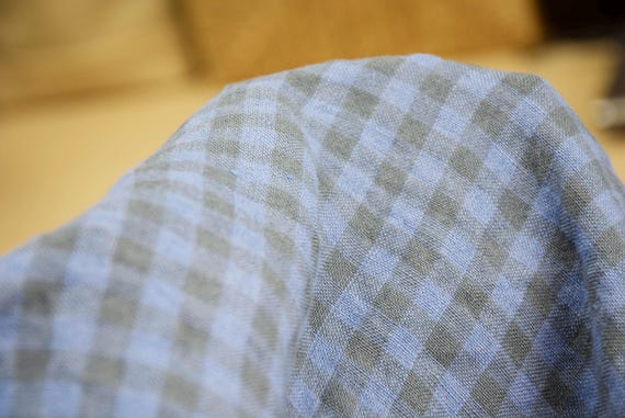 Blue Gingham Linen Fabric - "Elba Very Peri", 200gsm/6oz, 8mm Checks, Premium Creased Texture, 100% Pure, Stunning Iris Blue Color IN STOCK!