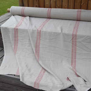 IN STOCK. 100% linen fabric Pera Natural Red Stripe 350gsm. French grain sack pattern. Pre-shrunk. Eco-friendly heavy and thick material. image 7