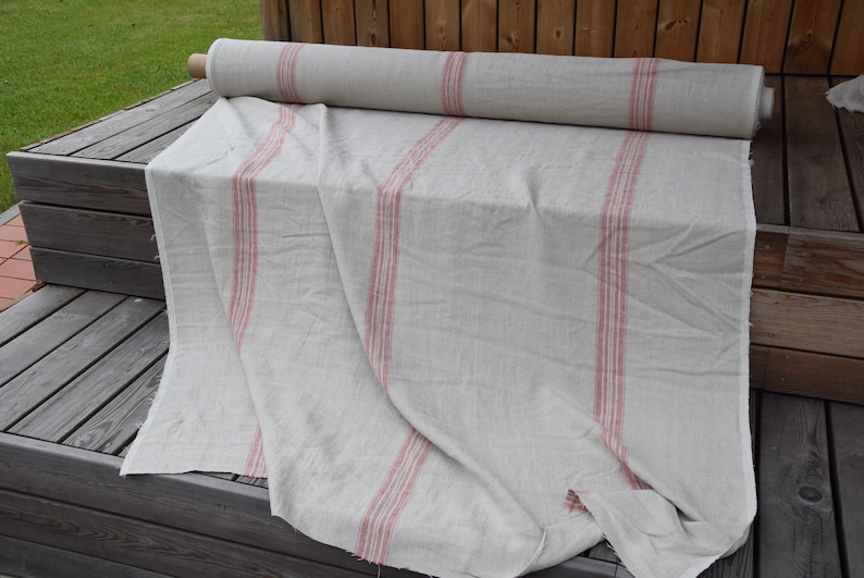 IN STOCK. 100% linen fabric Pera Natural Red Stripe 350gsm. French grain sack pattern. Pre-shrunk. Eco-friendly heavy and thick material. image 7