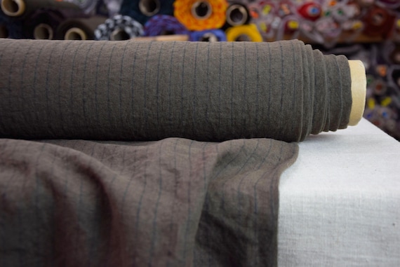 Pure Linen Fabric "Gloria Caffe Pinstripe" 200gsm (6oz/yd2). Pantone 19-0812. Brown color. 100% Linen Material. Naturally Creased. IN STOCK.