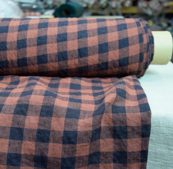 Gingham Linen Fabric "Stella Russet" Orange-Brown & Blue Check 190gsm/5.8oz, 100% Pure, Reddish Earthy, OOAK Design by Linengraphy IN STOCK!