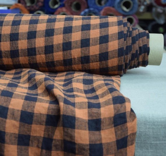 Dark Blue & Orange Gingham Linen Fabric "Stella", 100% Pure, Vibrant Color, 190gsm/5.8oz, High Quality, hypoallergenic, Ready to ship!