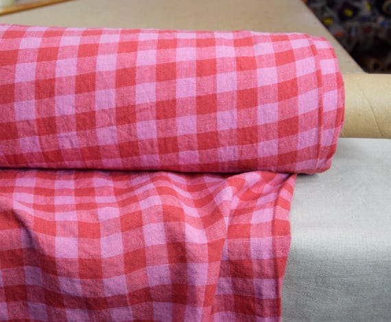 Linen Fabric Stellla Pink Red Gingham, 100% Linen, Medium Weight 190gsm (5.6oz), Very Soft Premium, for Sewing, BY THE YARD.