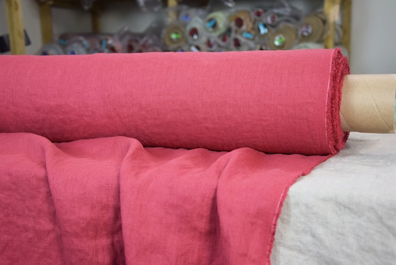 Pure 100% Linen Fabric "Gloria Rose Red", 200gsm (6oz/yd2). Mid-weight, densely woven, soft, preshrunk, in bolts. Distribution, WHOLESALE.
