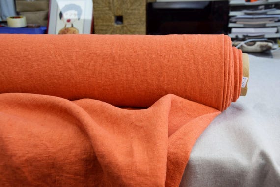 Linen Fabric "Luna Papaya Orange" Heavyweight 290gsm/9oz. Preshrunk Stonewashed Crinkled Tightly Woven Canvas. 100% Linen. IN STOCK!