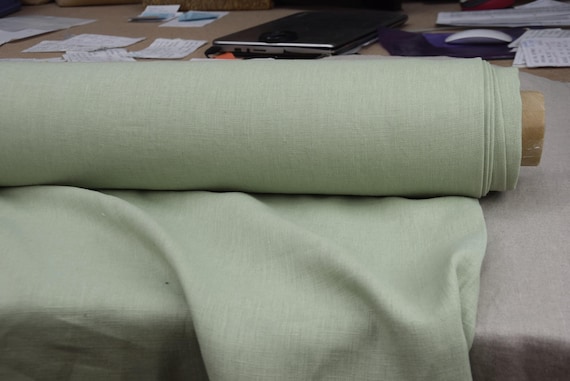 Pure Linen Fabric Nata Soft Sage Green. Medium-Heavy 250gsm (7.4oz). Softened Won't shrink. Muted pastel green. By the Yard.