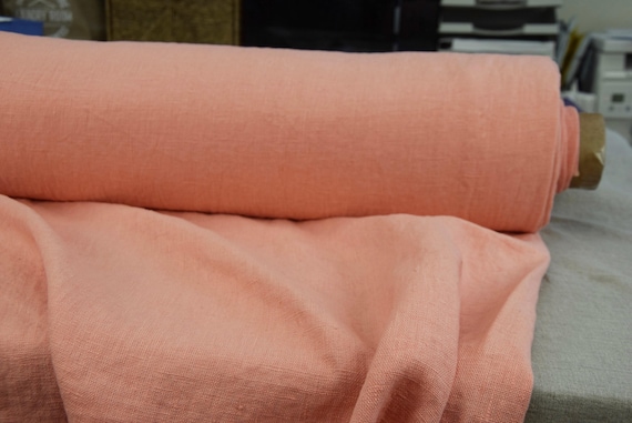 100% Linen Fabric Luna Salmon-Peach. Heavyweight 290gsm/9oz. Premium Soft Naturally Crinkled. Muted Peach with Salmon Undertone By the Yard.