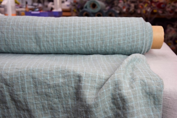 Pure 100% linen fabric "Hera Aqua Graph Check" 215gsm (6.4oz/yd2). Grid 12mm. Aqua greenish grid lines on gray background. Ready to ship!