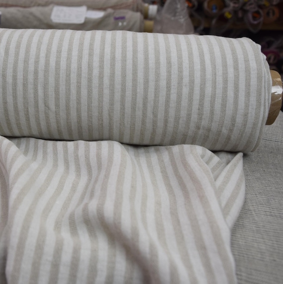 IN STOCK. Linen/cotton 48/52% fabric Barbara Beige Striped 120gr/m2 (3.40 oz/yd2). Beige stripes.