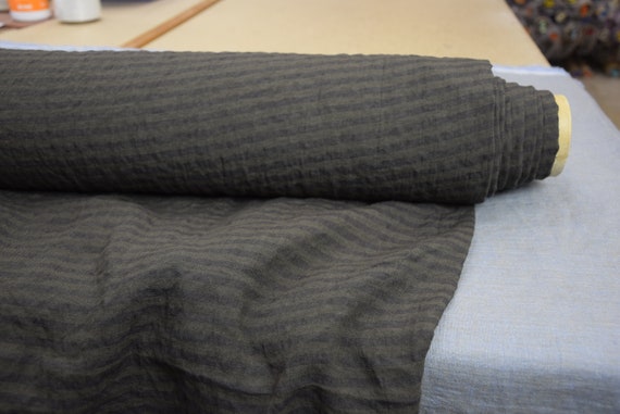 Linen Fabric "Aurora Dark Olive Stripe", 100% Pure Linen, 160gsm (5oz), Pantone Forest Night, Soft & Breathable! (Temporarily Out of Stock).