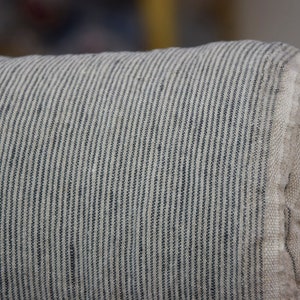 Pure linen fabric Elba Iguana Pencil Stripes, middle weight dense, not sheer, soft. Natural not dyed flax and dark green-gray narrow stripes (like a drawn with a pencil) . Width of the stripe is 1.5mm (one natural + one gray is 3mm).