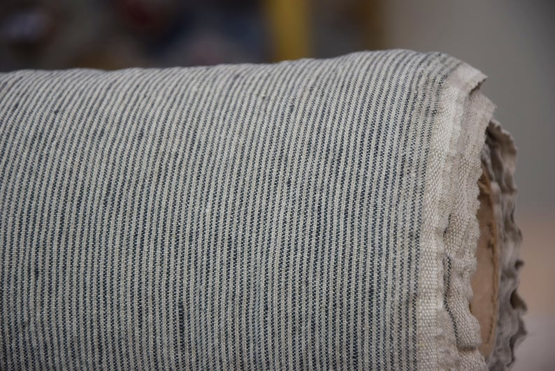 Pure linen fabric Elba Iguana Pencil Stripes, middle weight dense, not sheer, soft. Natural not dyed flax and dark green-gray narrow stripes (like a drawn with a pencil) . Width of the stripe is 1.5mm (one natural + one gray is 3mm).