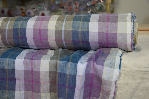 Temporarily OUT OF STOCK. Pure 100% linen fabric Paloma Purple Plaid 220gsm. Checks purple, blue, olive, gray. Washed-softened.