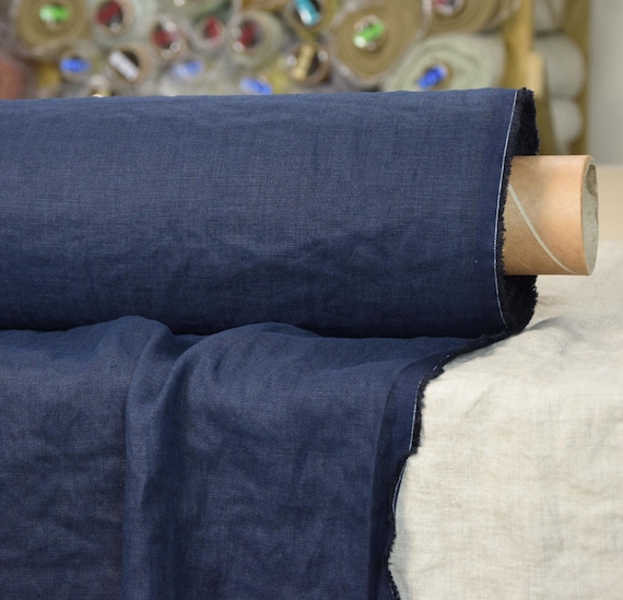 Pure 100% linen fabric Gloria Midnight Blue 200gsm (6oz/yd2). Dark Navy. Beautiful as Dark Sapphire. High quality. Middle Weight. IN STOCK.