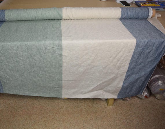 Pure Linen FABRIC - "Margarita Blue Green Beige Melange", Wide 50cm Stripe, Soft Washed, Medium Weight 200gsm, Luxurious Texture, IN STOCK!