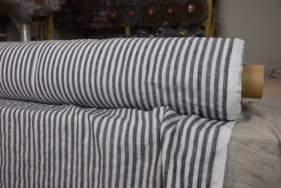 Pure 100% linen fabric Aura Bengal Stripes Black White 125gsm. Stripes are 8mm. Thin, washed-softened.