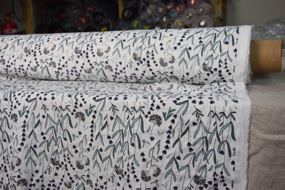 Pure 100% linen fabric Gloria Lavender Flowers On Off-White 200gsm. Chintz pattern. Washed-softened. Temporarily OUT OF STOCK.