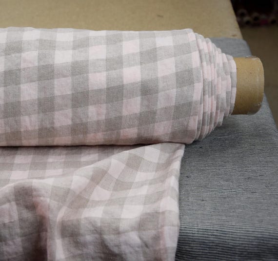 Linen Fabric "Stella Beige/Pale Pink Gingham", Pastel Rose Check, Medium Weight 190gsm/5.7oz, 100% Pure, Soft, By The Yard, Ready to Ship!
