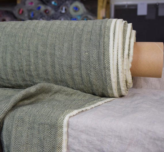 Linen Fabric - "Fresh Olive Herringbone,Sigma" 220gsm, Broken Twill, Softened, Washed, Muted Green, Premium Weave & Qality, IN STOCK!