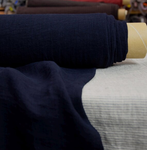Thin semi-sheer pure linen fabric "Serena Blue-Black" 95gsm(2.80oz/yd2). Preshrunk, Prewashed, Stylish Creased, Premium Quality, IN STOCK!