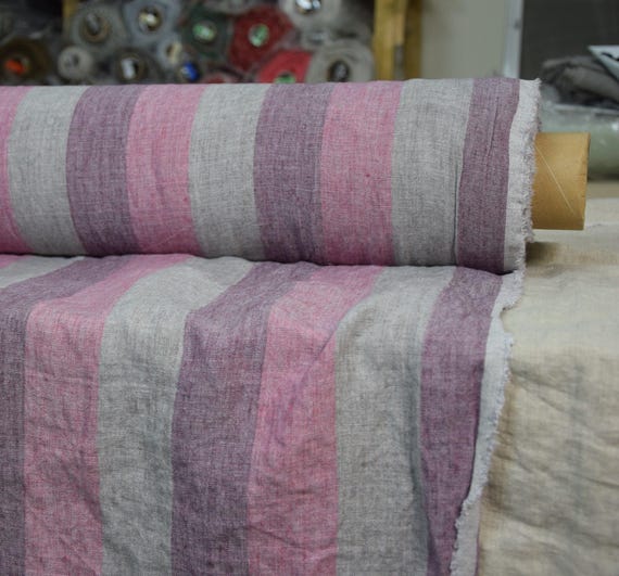 Linen Fabric "Margarita Roman Stripe", Gray, Pink, Purple Melange, 200gsm/6oz, 5cm Stripes, Washed & Pre-shrunk, by the Yard, IN STOCK!