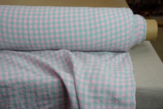 Pure 100% linen fabric "Aurora Greenish & Pink Gingham" 160gsm(4.80oz/yd2). 8mm vichy. Temporarily OUT OF STOCK.