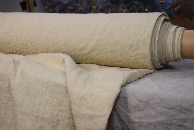 Pure linen fabric Regina Sesame. Light weight, not sheer. Pantone 15-1215 Tcx Sesame Color (beige color with some pale brownish-sand and greenish undertones). Drape characteristic are very good. Plain, densely woven. Pre-washed, naturally wrinkled.