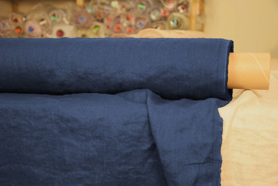 Pure 100% Linen Fabric "Gloria Ink Blue" 200gsm (6oz/yd2). Rich saturated dark navy, dark blue. Washed-softened. Widht 145cm/57". IN STOCK.