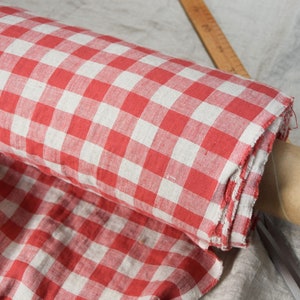 Rent linnetyg Stella Red Gingham, medeltjock 190 g/m², beige och röd 2 cm rutig. Mjukt förkrympt. För sömnad och hantverk, metervara. bild 4
