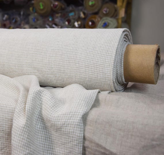 Linen Fabric - "Aurora Natural 2mm Check", Beige Mini Gingham, 160gsm (5oz), 100% Pure, Lightweight & Lovely! Prewashed, Soft. IN STOCK!