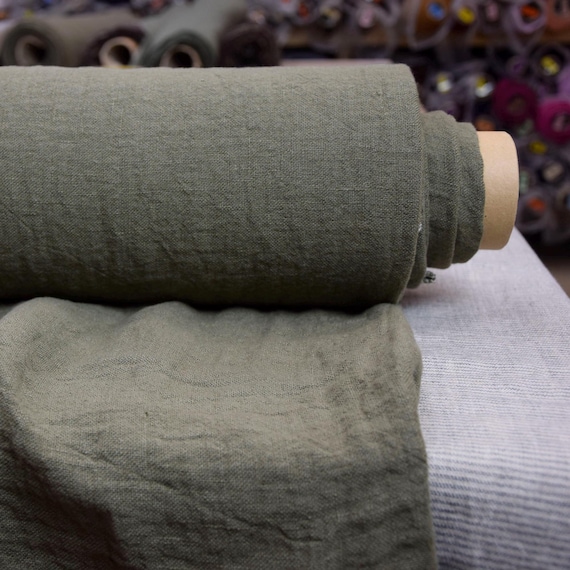 Linen Fabric - Julia Dark Olive, 210gsm (6.2oz), 100% Pure, Rich Olive Green (Pantone 19-0516), High Quality, Temporarily Out of Stock.
