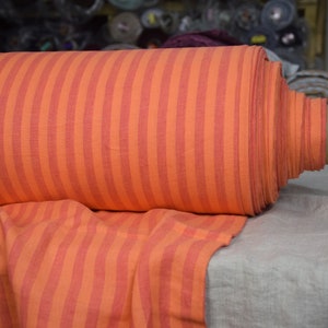 Temporarily OUT OF STOCK. Pure 100% linen fabric Margarita Orange Stripe 200gsm (5.90oz/yd2). 1cm stripe orange/pink.