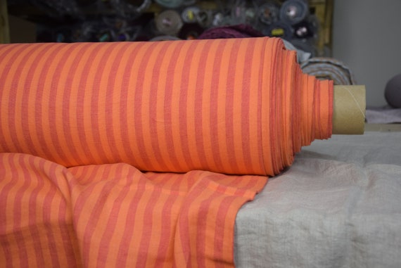 Temporarily OUT OF STOCK. Pure 100% linen fabric Margarita Orange Stripe 200gsm (5.90oz/yd2). 1cm stripe orange/pink.