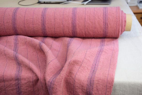 Linen Fabric "Pola Plum Rose Striped", Premium, Stonewashed, Medium Weight 200gsm/6oz, 100% Pure Linen, Preshrunk, Creased, Soft, IN STOCK!