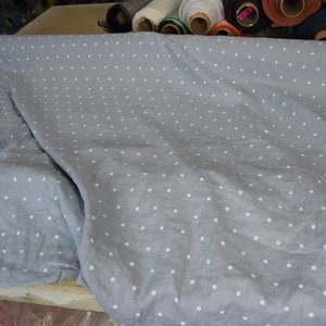 IN STOCK. Pure 100% linen fabric Gloria Cashmere Blue Polka Dot 190gsm. White dots, pastel soft blue. Washed-softened. image 5