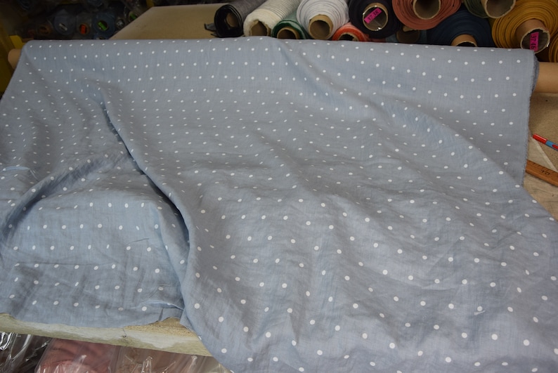 IN STOCK. Pure 100% linen fabric Gloria Cashmere Blue Polka Dot 190gsm. White dots, pastel soft blue. Washed-softened. image 5