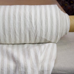 Linen Fabric &quot;Gloria Beige & Off-White Bengal Stripe&quot;, 100% Pure, 200gsm/6oz, 1cm/10mm Stripes, Elegant Design, Creased Texture, IN STOCK!
