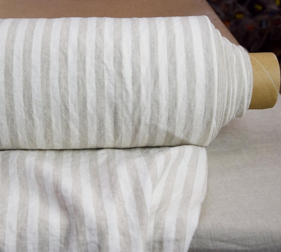 Linen Fabric "Gloria Beige & Off-White Bengal Stripe", 100% Pure, 200gsm/6oz, 1cm/10mm Stripes, Elegant Design, Creased Texture, IN STOCK!