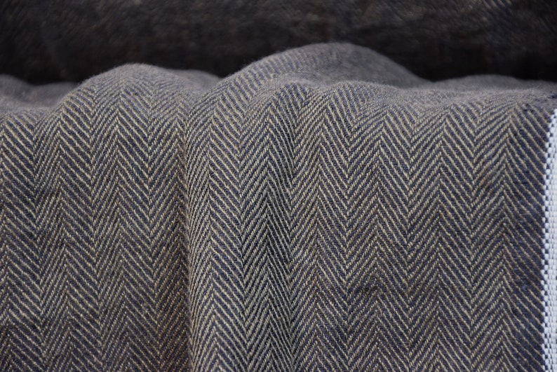 mix of dark brown and black Pure 100/% linen fabric Sigma Black Soil Herringbone 220gsm Broken twill Washed-softened. WHOLESALE