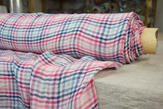 Temporarily OUT OF STOCK. Pure 100% linen fabric Serena Glun Club Checks Red Blue White 95gsm. Very thin, semi-sheer. Washed-softened.