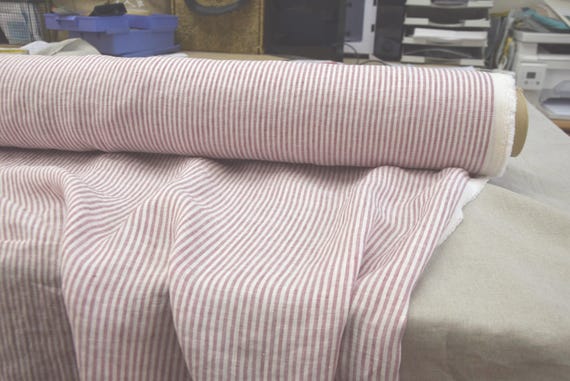 100% Linen Fabric By the Yard/Meter Aura Pink & White Stripe. Lightweight 125gsm/3.7oz, Thin Soft Breathable. For Airy Light Summer Clothes.