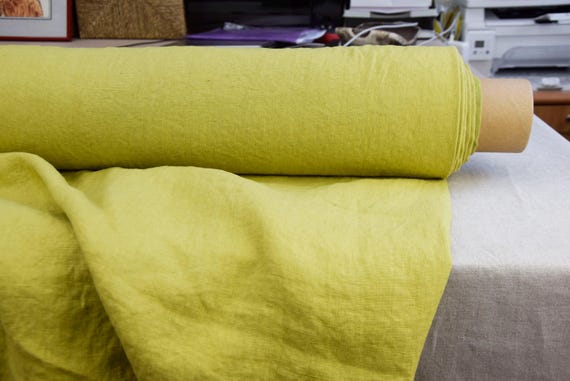 Linen Fabric "Gloria Yellow-Green", 100% Pure, Medium Weight 200gsm (6oz/yd2). Stonewashed, Pre-shrunk, Premium, Eye-catching. IN STOCK!