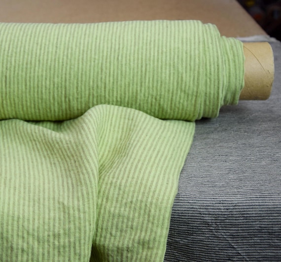 Fabric Linen "Elba Spring Green Candy Stripe", Lime, Chartreuse, Avocado Tones, Premium Quality, Wrinkled, 100% Pure, 200gsm/6oz. IN STOCK!