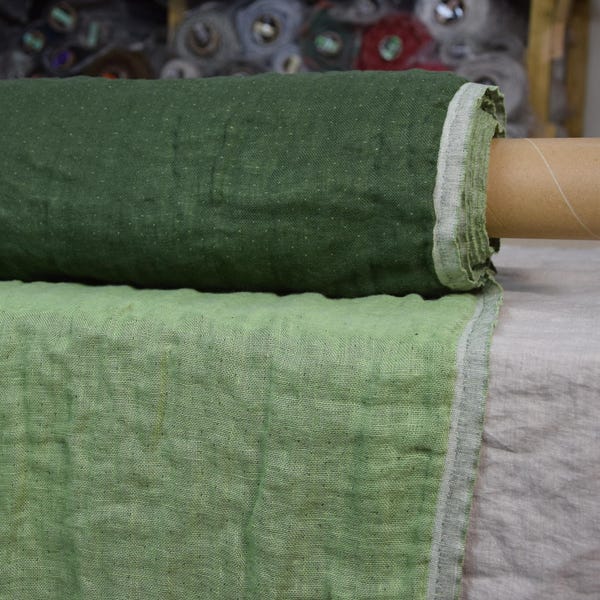 Double-faced 100% linen fabric "Vita" in Nature Moss Green color, two-sided 230gsm (6.8oz), soft, pre-washed, pre-shrunk. By the yard/meter.