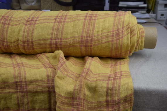 100% Linen Fabric Vita. Soft 230GSM (approx 7 oz) Premium Quality, Double-Sided with Different Textures, Yellow Red Check Tartan By the Yard