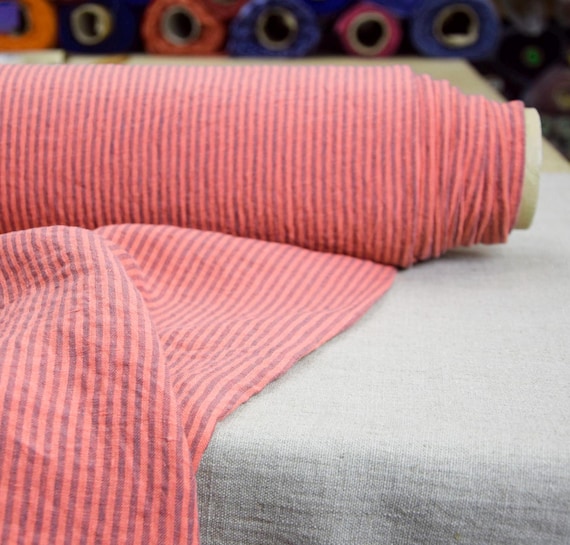 Linen Fabric - "Aura Persimmon Stripe", 100% Pure, Soft, Airy, Lightweight, 125gsm (3.7oz), Pantone 16-1544 Beautiful Pink-Orange, IN STOCK!