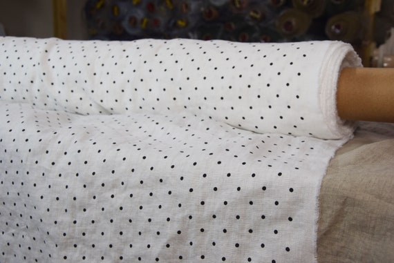 Temporarily OUT OF STOCK. 100% linen fabric Gloria Stark White/Black Dots 190gsm washed softened.