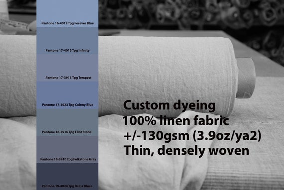 CUSTOM DYEING 100% linen fabric 130gsm (3.80oz/yd2). Aura, thin lightweight densely plainly woven linen fabric. Pantone gray-purple No 8.