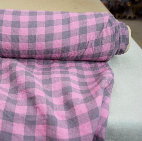 Linen Fabric - "Stella Pink/Gray Gingham", 2cm Check, 180gsm (5.35oz), 100% Pure Organic Linen, Soft, Naturally Stylish Wrinkled! IN STOCK!
